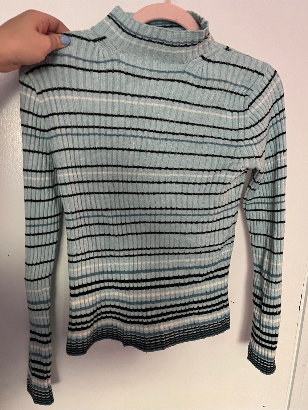 Hillard & Hanson Aqua and Black Striped Ribbed Turtleneck Sweater